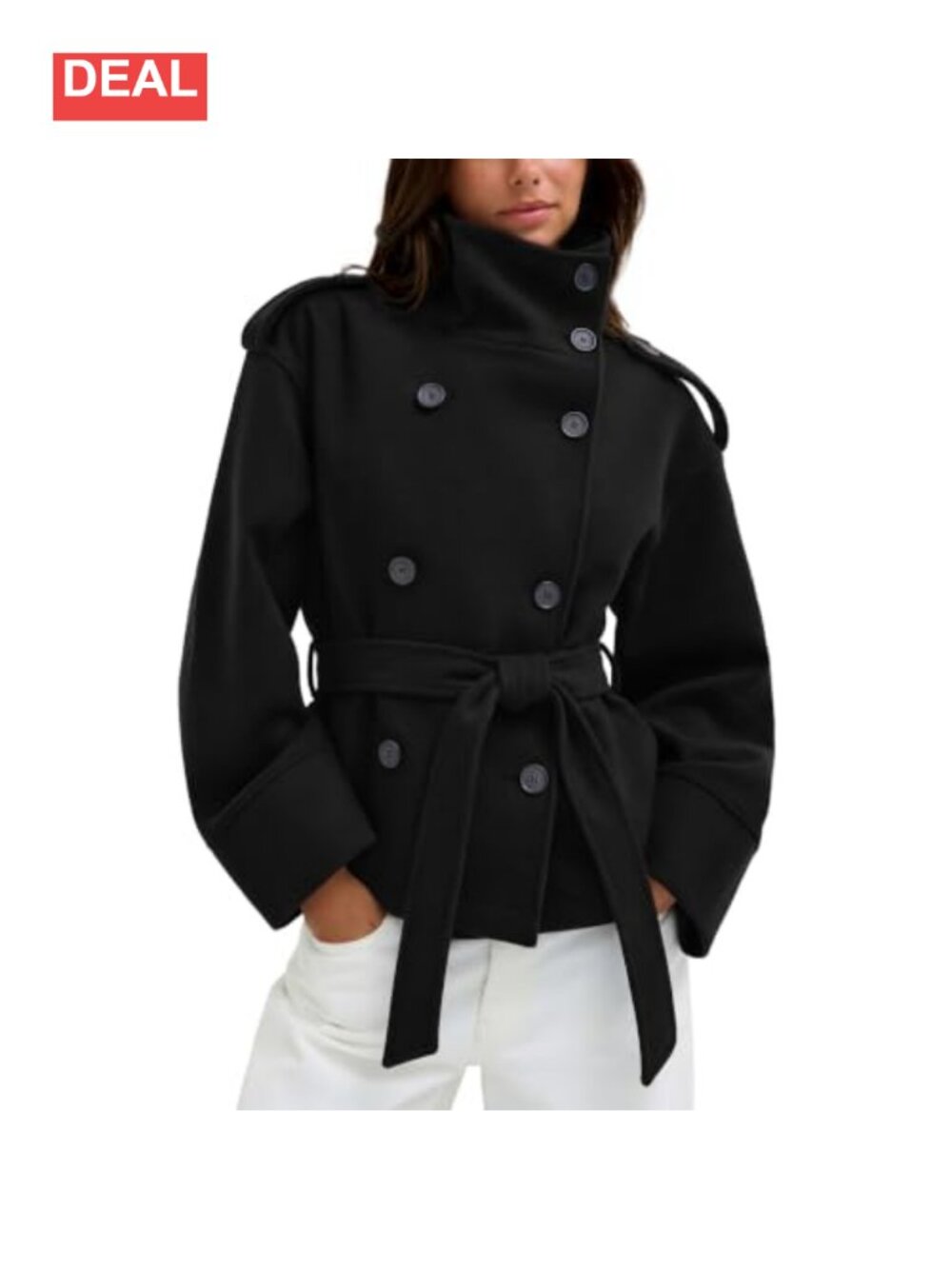 Hixiaohe Cropped Pea Coat Belted Funnel Neck Wool Blend Women's Jacket